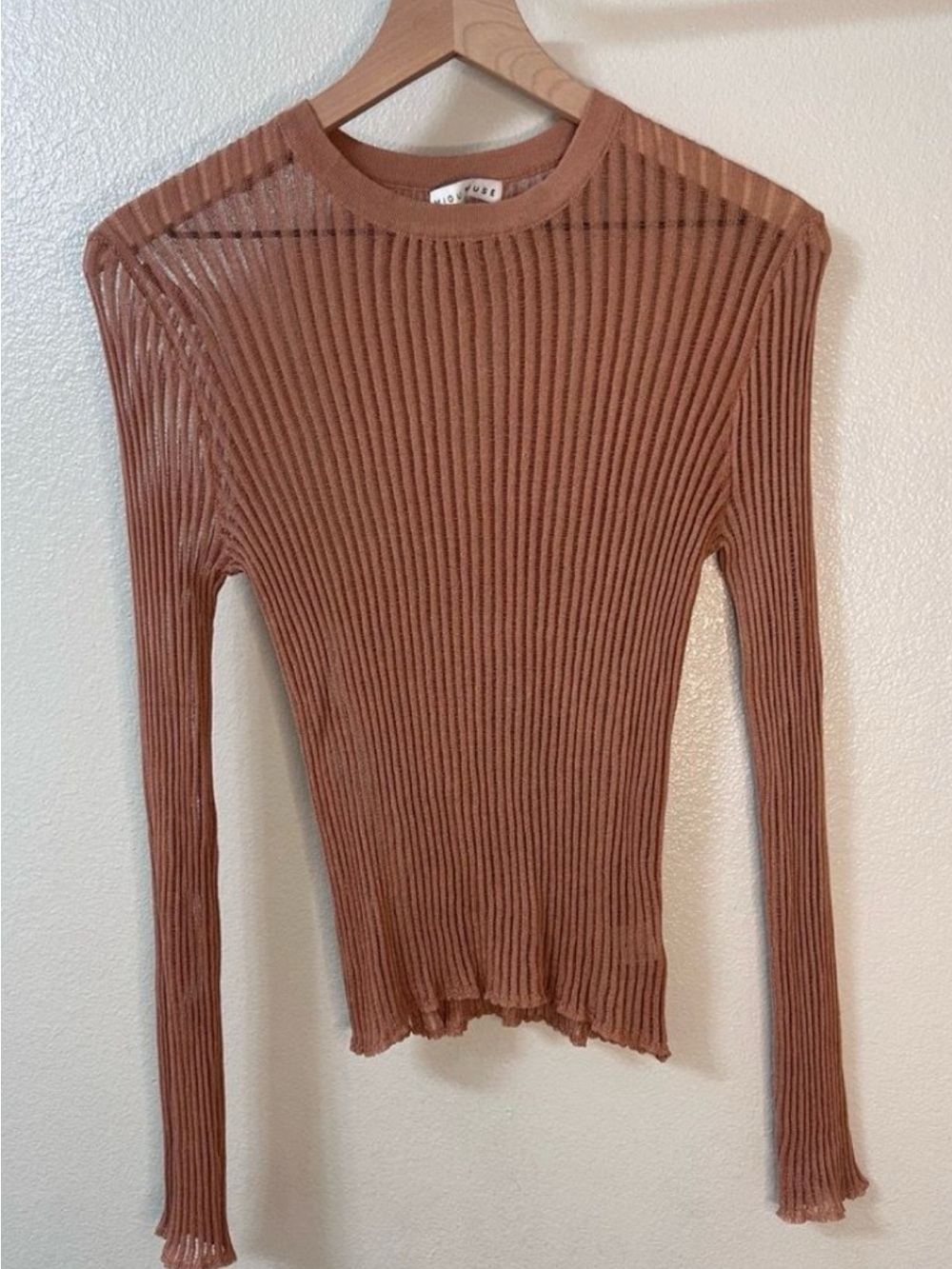 Miou Muse Ribbed Long-Sleeve Sheet Top in Clay - M/L